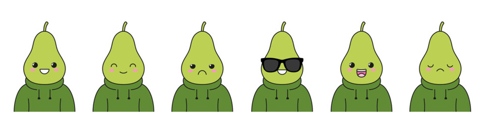 Character cartoon set green pear cute beautiful fruit smiling sad happy joy vector illustration.