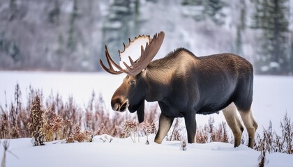 a moose foraging in a snow covered field during a bleak winter day