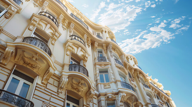 Elegant Classic French Architecture with Ornate Balconies and Blue Sky