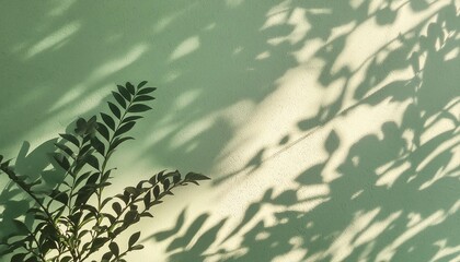 pale green textured plaster wall with abstract sun light shadow foliage silhouette elegant floral background copy space
