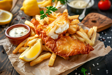 British Traditional Fish and chips with mashed peas, tartar sauce