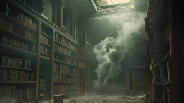 Eerie Room Overflowing With Books, A Haunting Photo of a Dark and Mysterious Library, A hollow-eyed spectral entity inside an ancient, dilapidated library