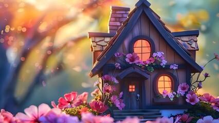 Miniature wooden house with flowers symbolizing sustainable architecture and green living . Concept Sustainable Architecture, Green Living, Miniature House, Wooden Decor, Floral Design