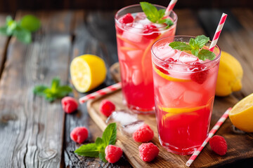 Spring or summer refreshing cold cocktail or mocktail with berries and lemon, raspberry lemonade