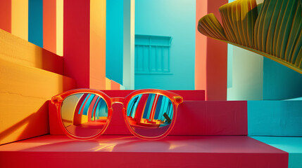 Stylised colour image of a pair of sunglasses sitting on a red staircase
