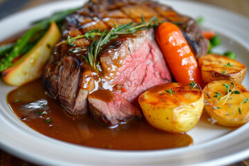 roast beef meal with organic root vegetables. Traditional roastbeef.