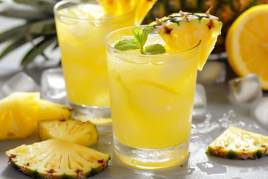Pineapple lemonade with lemon and mint. Pineapple mojito. Pineapple cocktail.