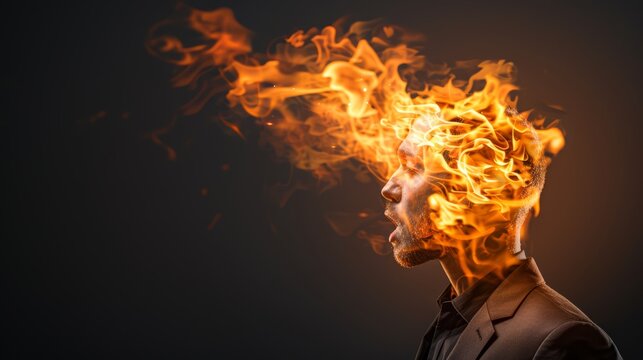   A man in suit and tie against a black backdrop bears a firehead, formed like a human head