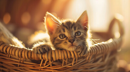 Cute kitten in a basket, looking at camera