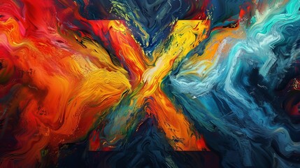 A colorful painting with a red and yellow X in the middle