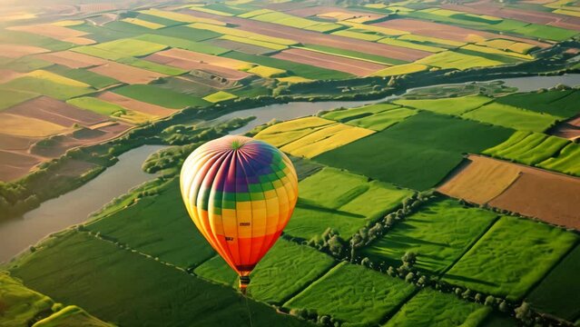 A hot air balloon gracefully floats over a lush green field, creating a breathtaking sight, A hot air balloon ride over a patchwork of colorful fields and rivers