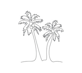 Single line drawing palm tree in one continuous line. Tropical vegetation. Coconut palm. Modern minimal illustration in line art style. Vector on white background.