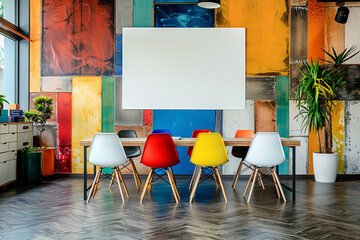 Vibrant pops of color punctuate a modern office room, with a blank white frame standing as a silent...