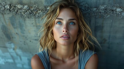 Fototapeta premium A woman with long blonde hair and blue eyes is standing in front of a wall