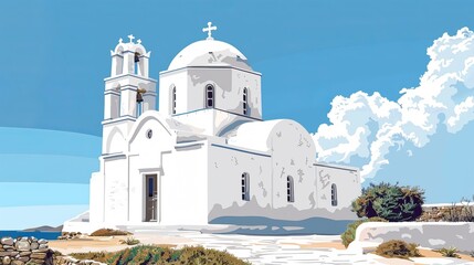 Greece A Painting of a Church on a Sunny Day
