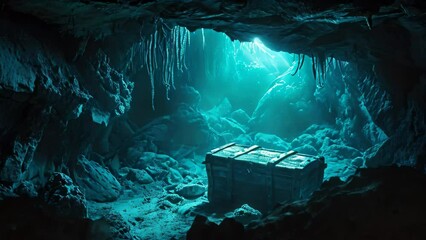 A box is discovered in the heart of a cave, surrounded by darkness and mystery, A lost sunken treasure chest hidden inside a dark underwater cave