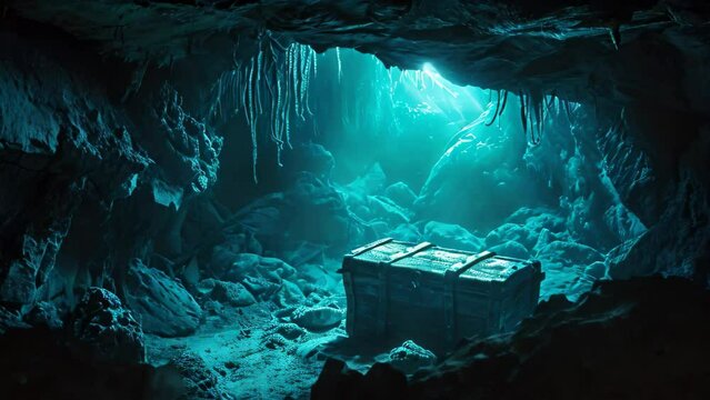 A box is discovered in the heart of a cave, surrounded by darkness and mystery, A lost sunken treasure chest hidden inside a dark underwater cave