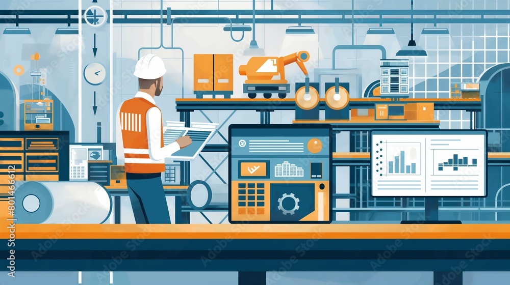 Poster man standing in front of monitor in factory
