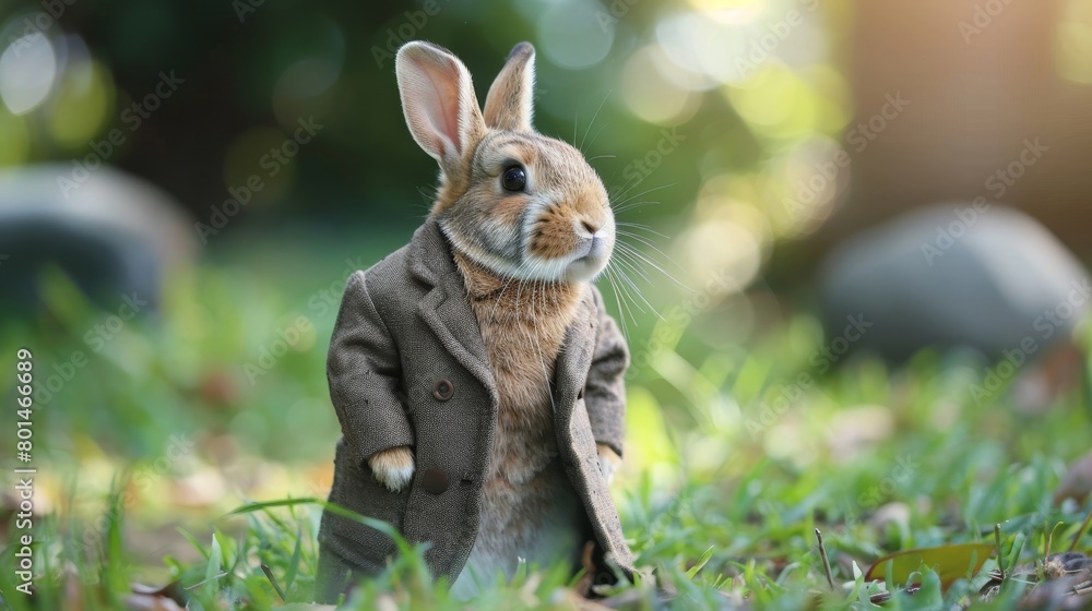 Wall mural A rabbit wearing a suit and tie stands in front of a couch - Wall murals