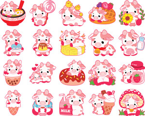 Fototapeta premium Pink Cow Strawberry Milk Vector Icon. Pink cute dairy calf cow farm animal. Cute funny cow pink character design.