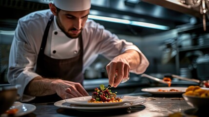 A focused chef carefully plates a gourmet dish in a professional kitchen, exemplifying culinary art and precision. Resplendent.