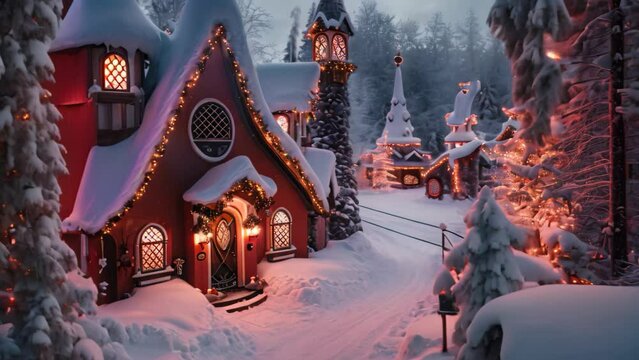 A charming small red house covered in brightly colored Christmas lights brings holiday cheer to the neighborhood, A magical landscape of Santa's village in the North Pole