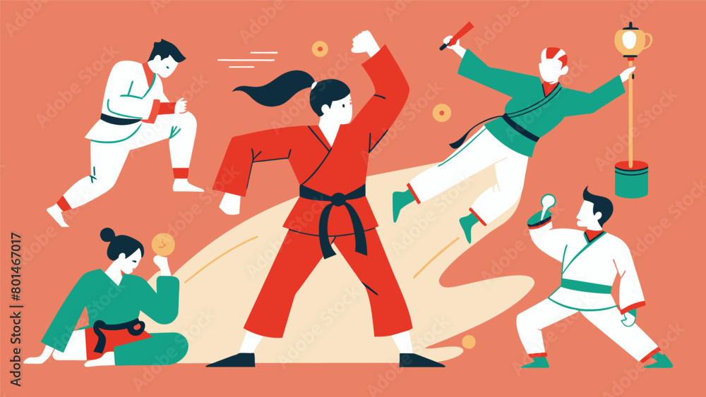Poster a series of sketches depicting different martial arts techniques and combinations along with accompa