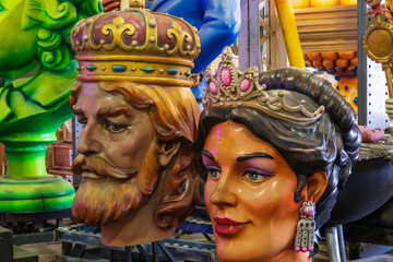 Colorful parade floats from Mardi Gras parades inside of Blaine Kern Mardi Gras World in New Orleans Louisiana USA