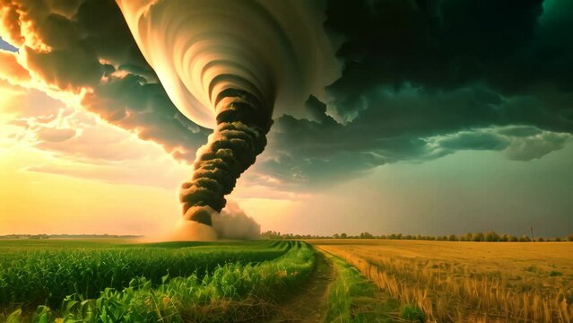 A menacing tornado emerges from the sky, poised to unleash its destructive force upon an unsuspecting field, A majestic tornado forming over calm farmlands