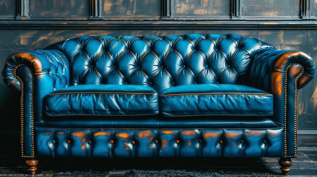   A blue leather couch faces a wall with clocks on its side and backrest