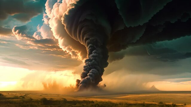 A large and powerful tornado cloud looms menacingly over an expansive field, posing a threat to the nearby surroundings, A massive twister ripping across open plains