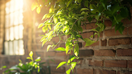 Vibrant green plants hanging against a rustic brick wall in a cozy loft interior. Sunlight streaming through a skylight. Promotion background.