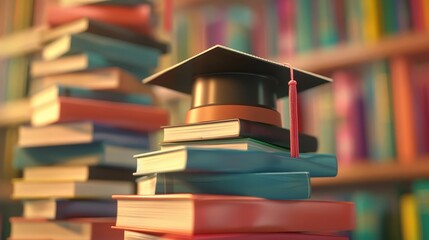 graduation cap on stack of books symbolizing academic achievement and success 3d illustration