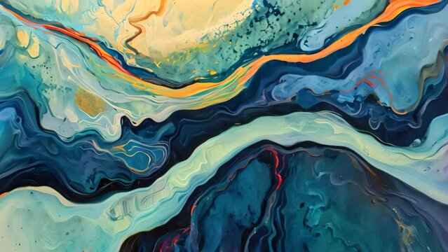 An intriguing artwork featuring vibrant blue and yellow colors blended in a captivating abstract composition, A meandering river cutting through an abstract landscape