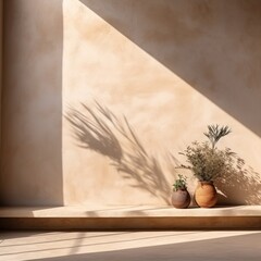 Brown minimalistic abstract empty stone wall mockup background for product presentation. Neutral industrial interior with light, plants, and shadow