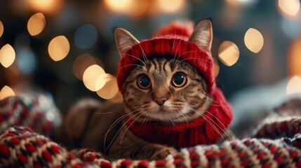 A cat wearing a red hat is laying on a blanket