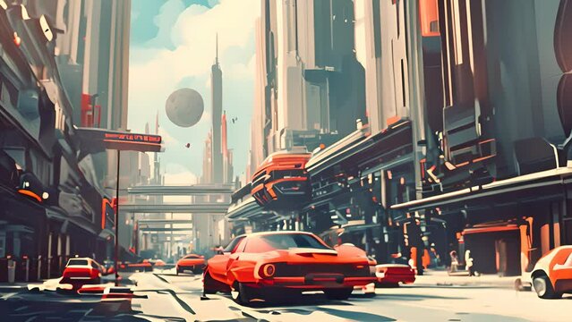 Retrofuturistic landscape in mid-century sci-fi style. Retro science fiction scene with futuristic city buildings