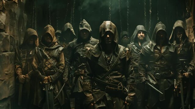 A band of thieves in a dark fantasy medieval dungeon gathering in hooded leather armour animation