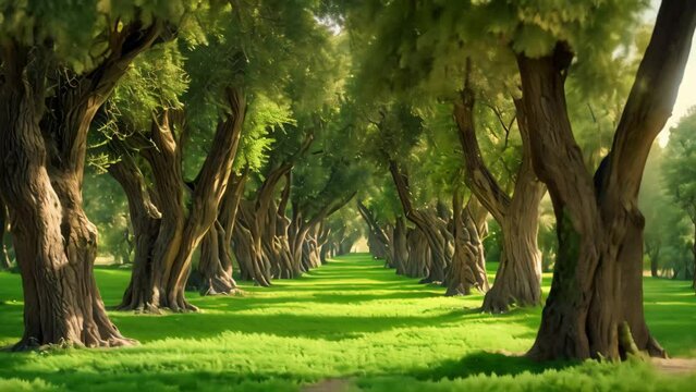 A peaceful scene of a row of trees standing tall amidst a vibrant green grass field, A mesmerizing olive tree corridor in an old city park