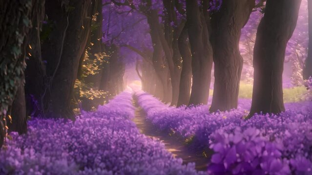A picturesque path leading through a vibrant field of purple flowers, A mesmerizing tree alley with a carpet of violets blooming