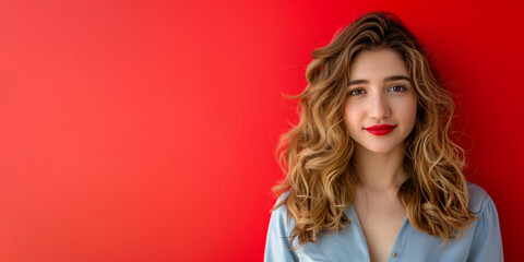 Fototapeta premium Portrait of a beautiful young woman with curly hair on a red background