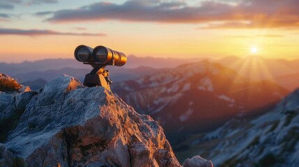 Paint a picture of binoculars set against the backdrop of a mountain peak as the sun dips below the horizon