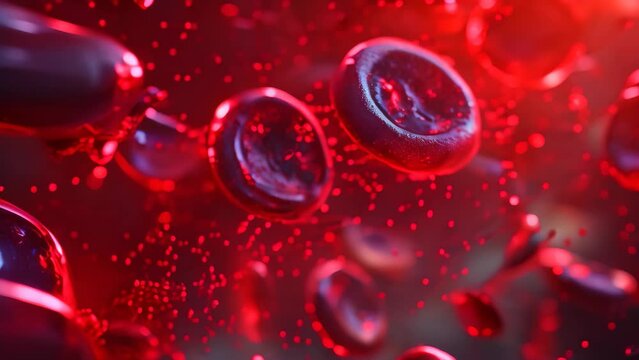 A mesmerizing Video capturing the remarkable sight of multiple red blood cells suspended in mid-air, A microscopic view of blood cells given a futuristic, sci-fi visual style