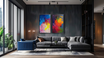Vibrant, abstract artwork adorning the walls of a minimalist room, adding a pop of color to the...