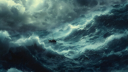 Illustration of a stormy sea with a tiny boat to represent instability.


