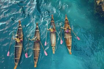 A group of individuals is paddling a boat in the vast ocean - Powered by Adobe