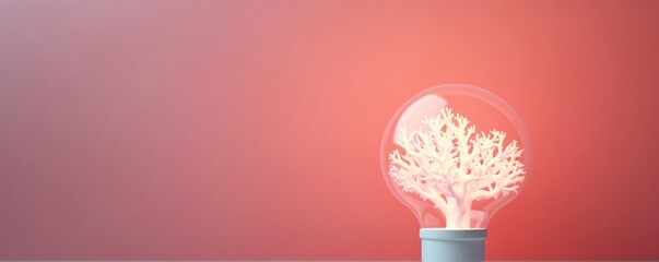 Coral backdrop with illuminated lightbulb on a white platform symbolizing ideas and creativity business concept creative thinking innovation new idea coral 