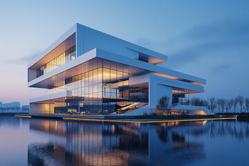 Obraz premium Modern buildings lit up by the lake in the evening