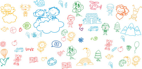 Cute kid scribble line flower, heart. rainbow background. Hand drawn doodle sketch childish element set. Flower, heart, cloud children draw style design elements background	