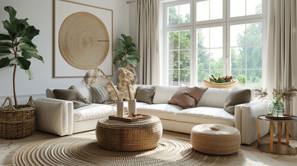 Tranquil hues and natural materials contribute to the calming atmosphere of a thoughtfully designed living room space.